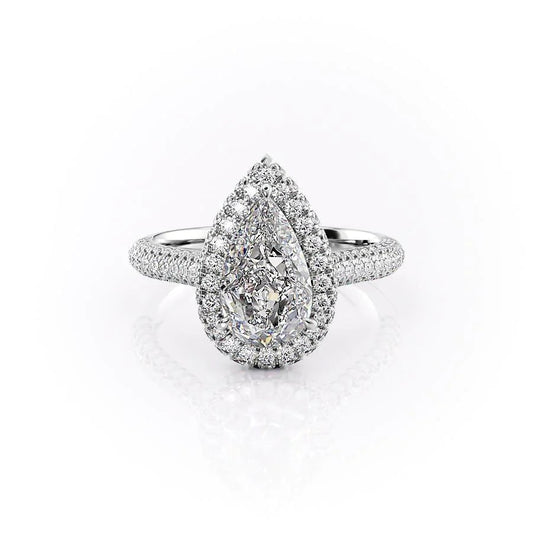 The Kylie. A White Gold Halo, Pave Engagement Ring Set With A 2ct Pear Lab Grown Diamond. White Background.