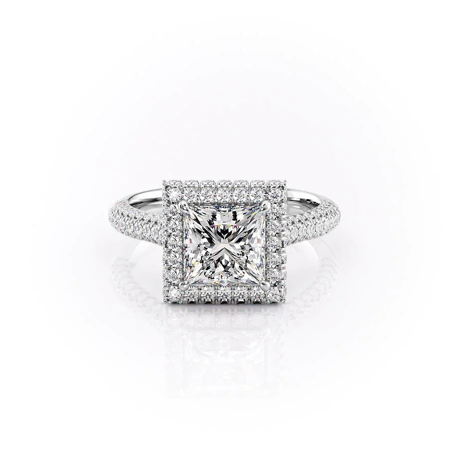 The Kylie. A White Gold Halo, Pave Engagement Ring Set With A 2ct Princess Lab Grown Diamond. White Background.
