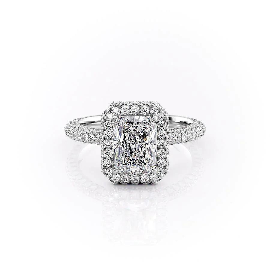 The Kylie. A White Gold Halo, Pave Engagement Ring Set With A 2ct Radiant Lab Grown Diamond. White Background.