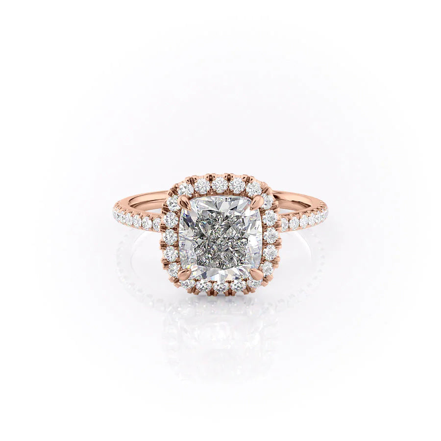 The Lenny. A Rose Gold Halo, Pave Engagement Ring Set With A 2ct Cushion Lab Grown Diamond. White Background.