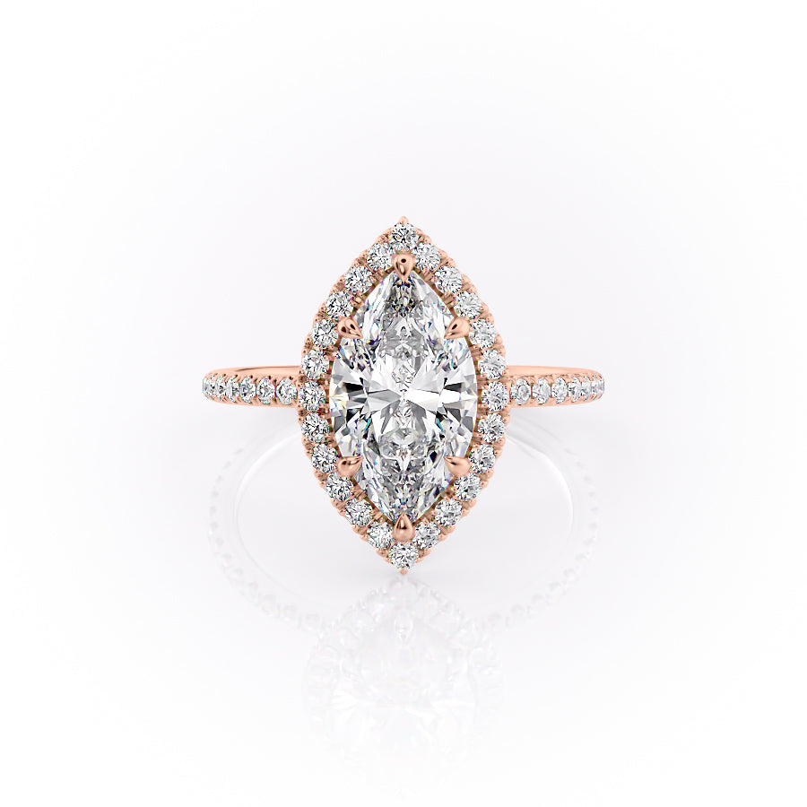 The Lenny. A Rose Gold Halo, Pave Engagement Ring Set With A 2ct Marquise Lab Grown Diamond. White Background.