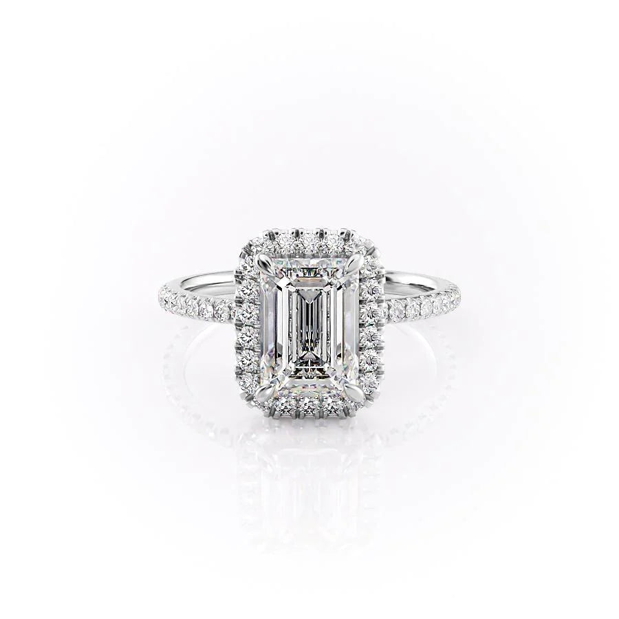 The Lenny. A White Gold Halo, Pave Engagement Ring Set With A 2ct Emerald Lab Grown Diamond. White Background.