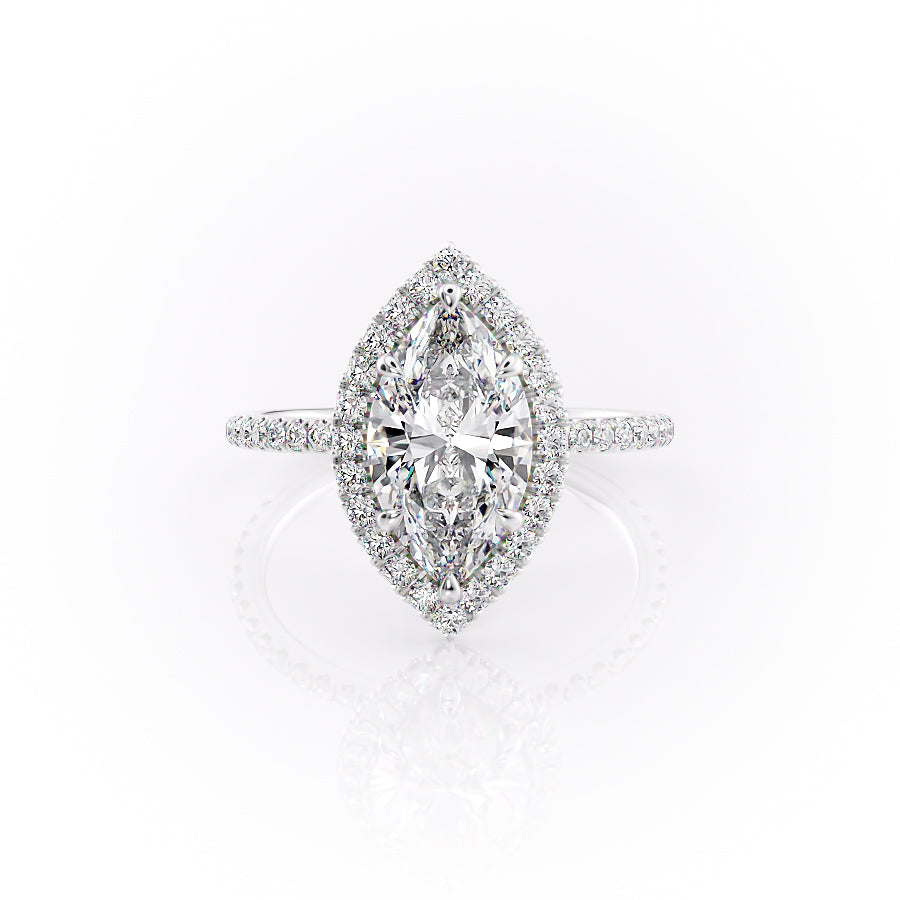 The Lenny. A White Gold Halo, Pave Engagement Ring Set With A 2ct Marquise Lab Grown Diamond. White Background.