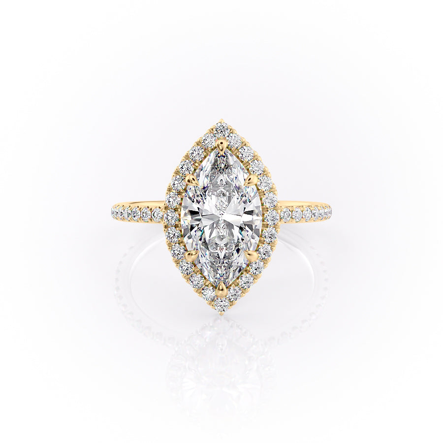 The Lenny. A Yellow Gold Halo, Pave Engagement Ring Set With A 2ct Marquise Lab Grown Diamond. White Background.