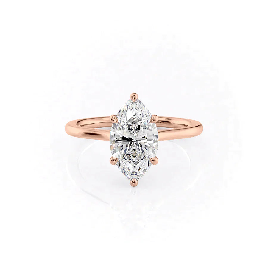 The Lexie. A Rose Gold Solitaire Engagement Ring Set With A 2ct Marquise Lab Grown Diamond. White Background.