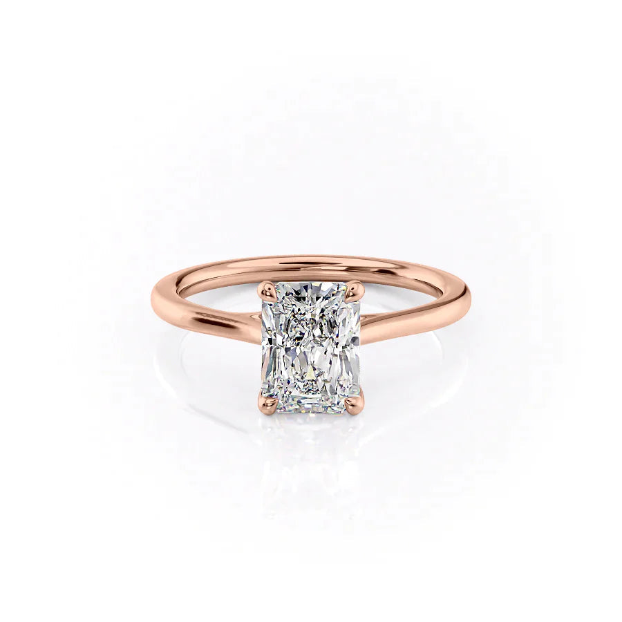 The Lexie. A Rose Gold Solitaire Engagement Ring Set With A 2ct Radiant Lab Grown Diamond. White Background.