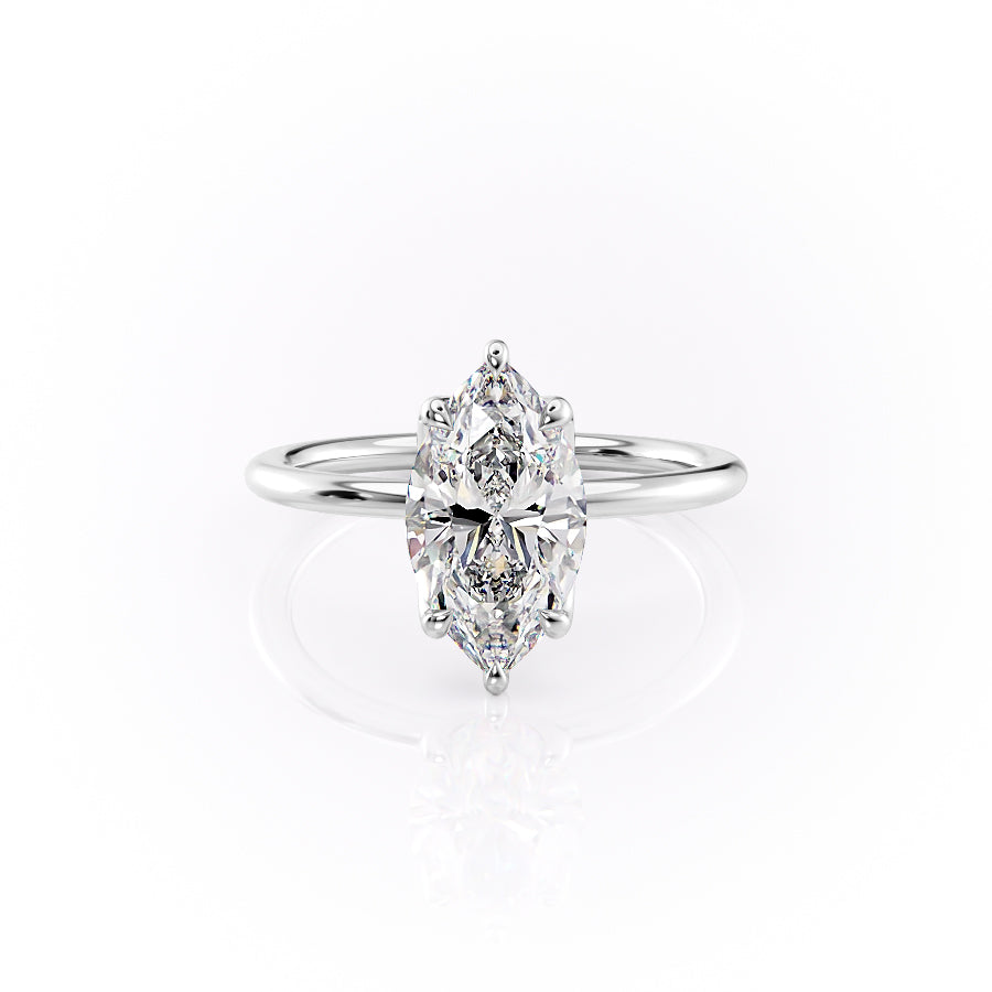 The Lisa. A White Gold Solitaire, Nature Engagement Ring Set With A 2ct Marquise Lab Grown Diamond. White Background.