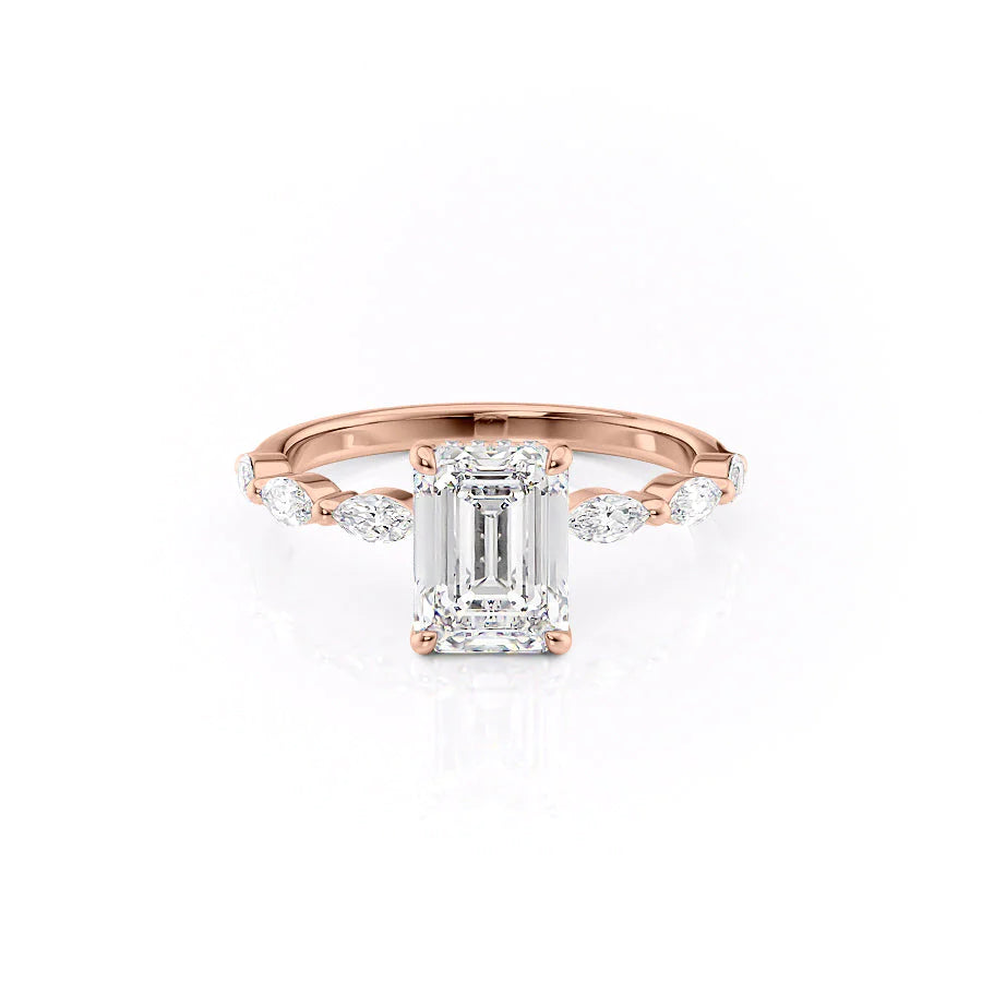 The Lucia. A Rose Gold Side Stones, Hidden Halo Engagement Ring Set With A 2ct Emerald Lab Grown Diamond. White Background.