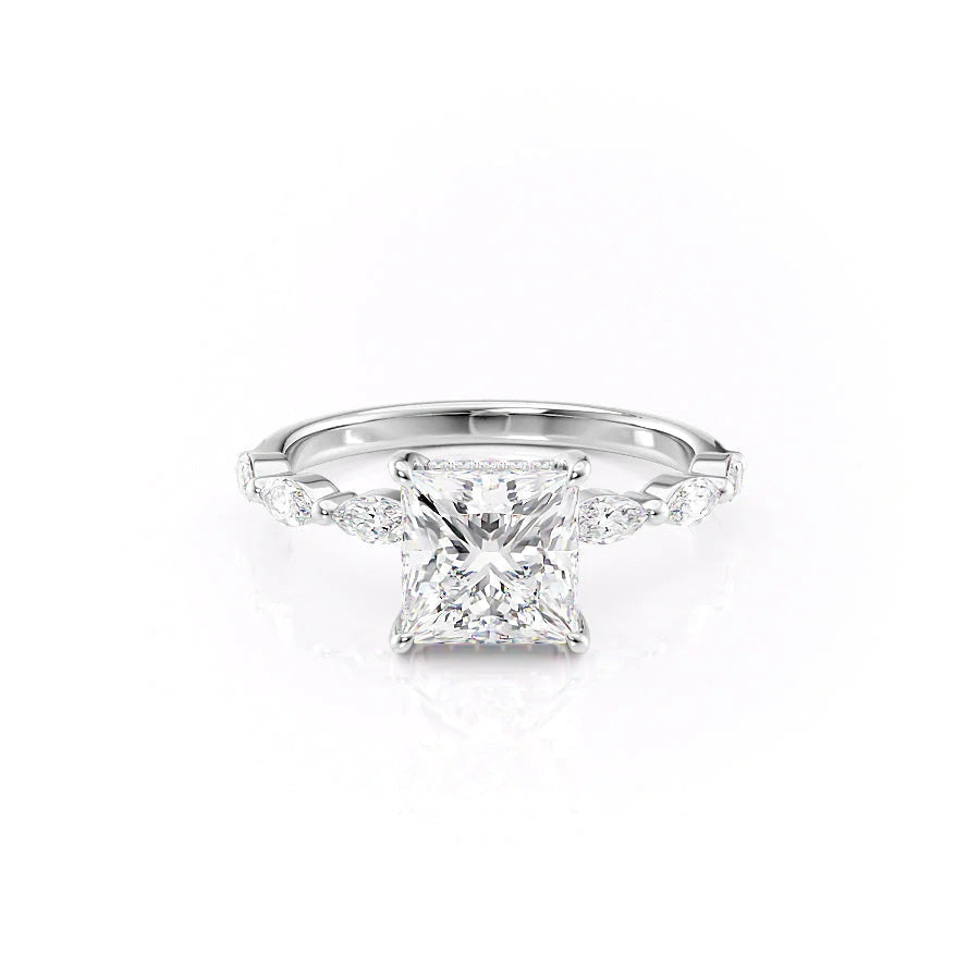 The Lucia. A White Gold Side Stones, Hidden Halo Engagement Ring Set With A 2ct Princess Lab Grown Diamond. White Background.