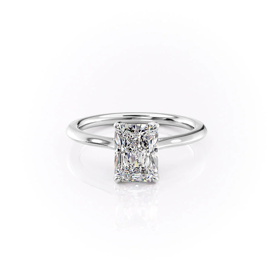 The Madison. A White Gold Solitaire, Nature Engagement Ring Set With A 2ct Radiant Lab Grown Diamond. White Background.
