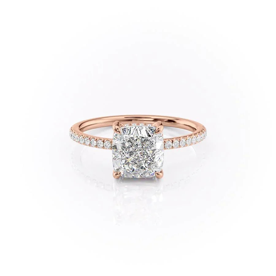 The Mandy. A Rose Gold Pave, Hidden Halo Engagement Ring Set With A 2ct Cushion Lab Grown Diamond. White Background.
