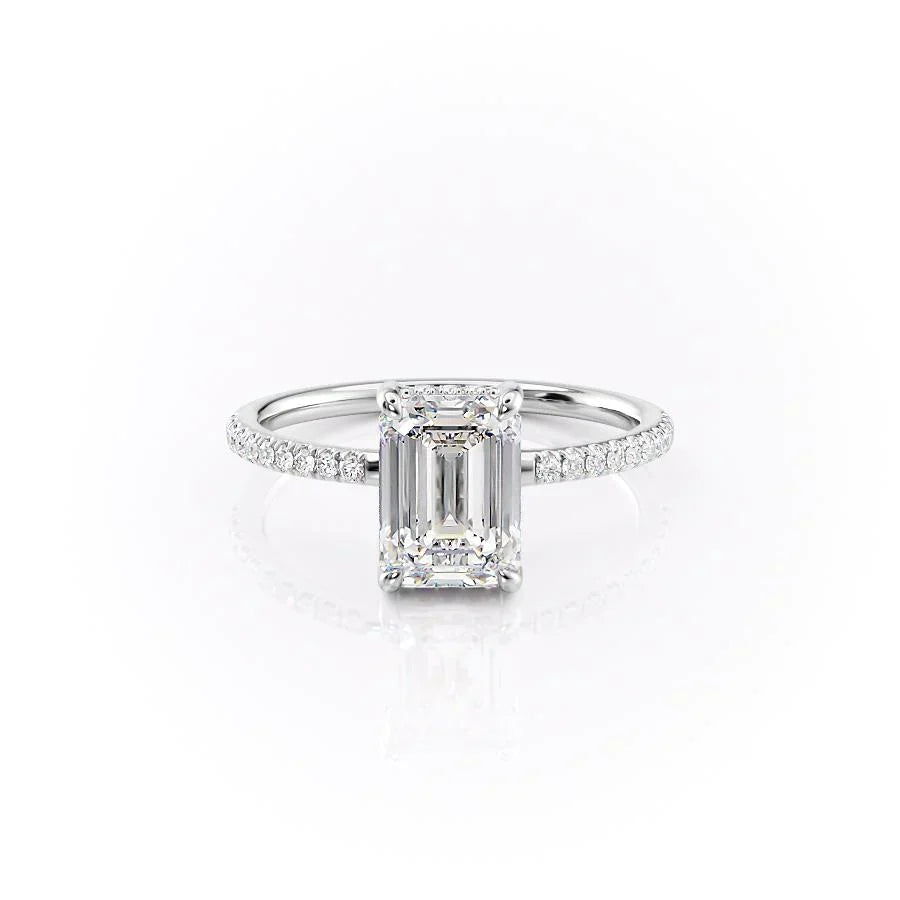The Mandy. A White Gold Pave, Hidden Halo Engagement Ring Set With A 2ct Emerald Lab Grown Diamond. White Background.