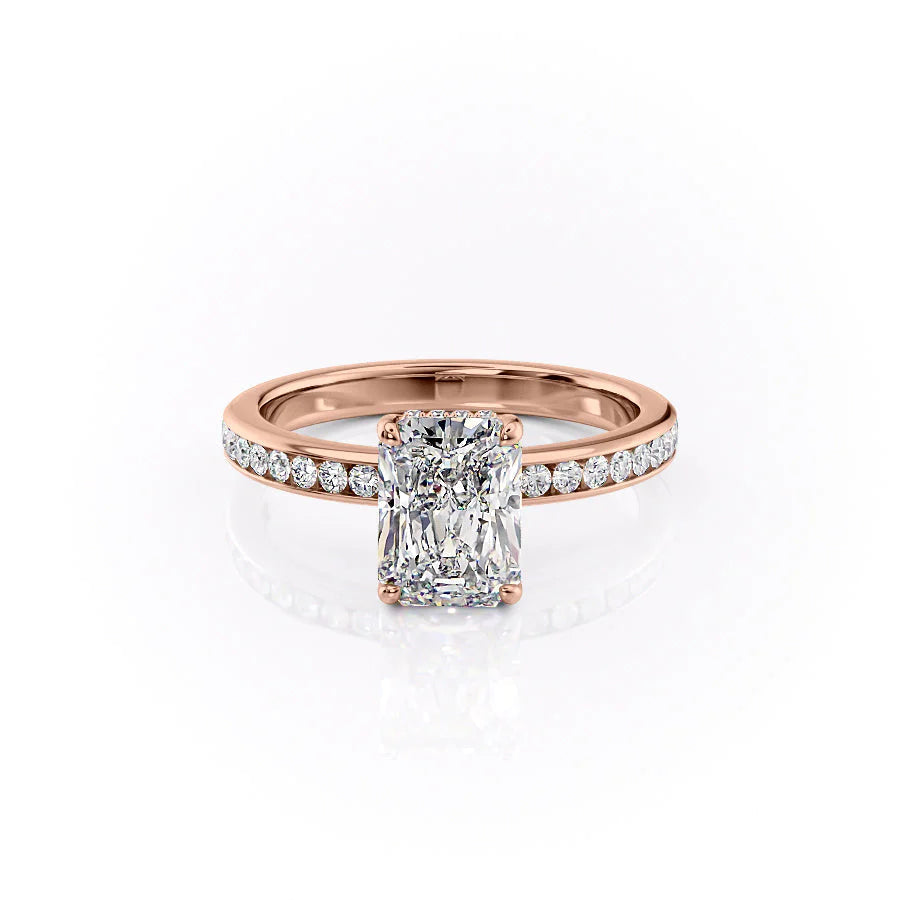 The Marilyn. A Rose Gold Channel-Set, Side Stones, Hidden Halo Engagement Ring Set With A 2ct Radiant Lab Grown Diamond. White Background.
