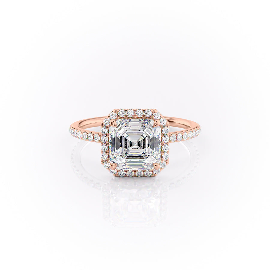 The Michelle. A Rose Gold Halo, Pave Engagement Ring Set With A 2ct Asscher Lab Grown Diamond. White Background.