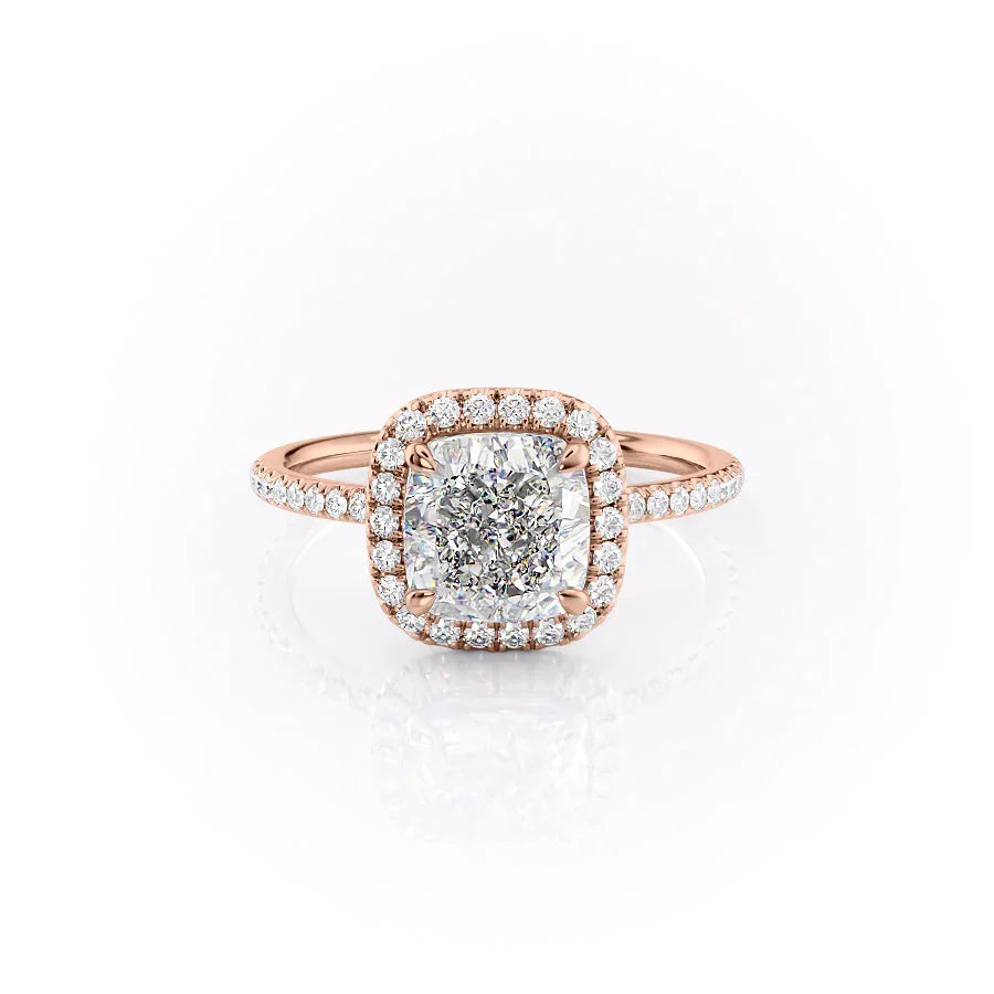 The Michelle. A Rose Gold Halo, Pave Engagement Ring Set With A 2ct Cushion Lab Grown Diamond. White Background.