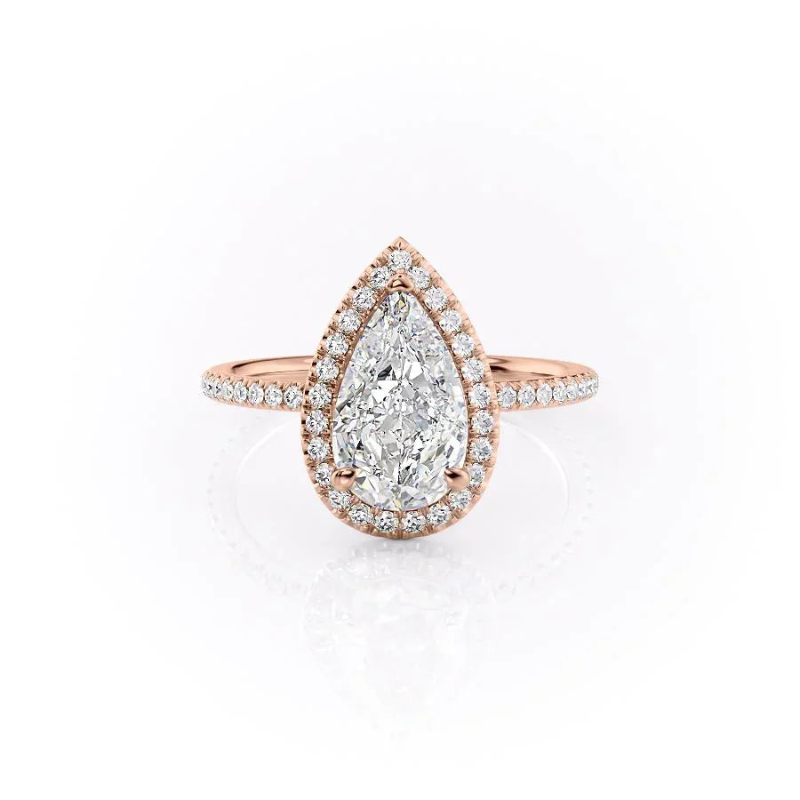 The Michelle. A Rose Gold Halo, Pave Engagement Ring Set With A 2ct Pear Lab Grown Diamond. White Background.