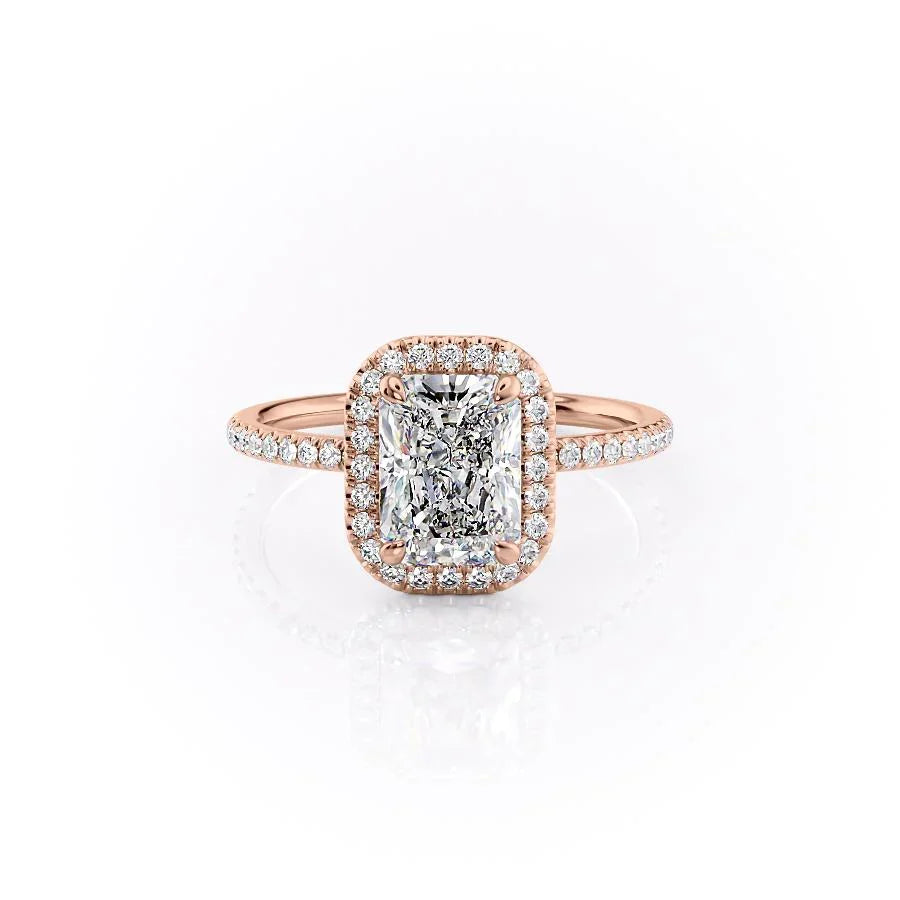 The Michelle. A Rose Gold Halo, Pave Engagement Ring Set With A 2ct Radiant Lab Grown Diamond. White Background.