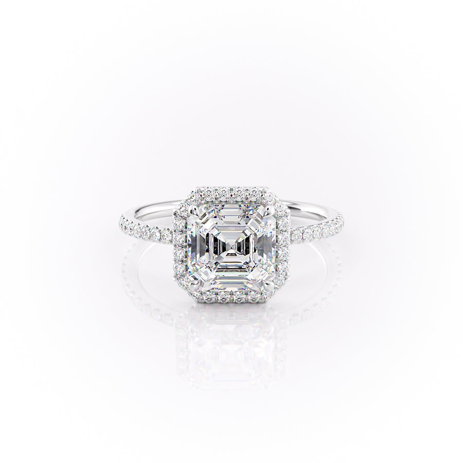 The Michelle. A White Gold Halo, Pave Engagement Ring Set With A 2ct Asscher Lab Grown Diamond. White Background.
