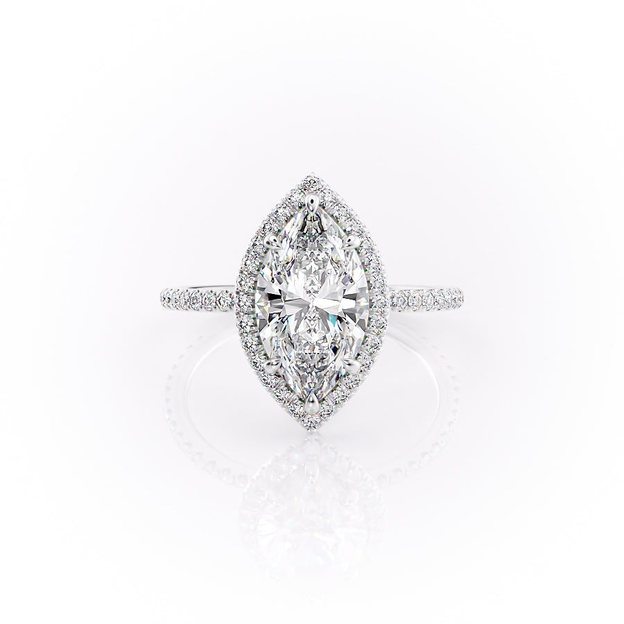 The Michelle. A White Gold Halo, Pave Engagement Ring Set With A 2ct Marquise Lab Grown Diamond. White Background.