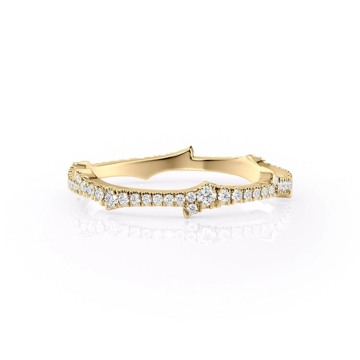 The Mini Pave Twig. A Yellow Gold Nature Wedding Band Set With 0.2tcw Round Lab Grown Diamonds. White Background.