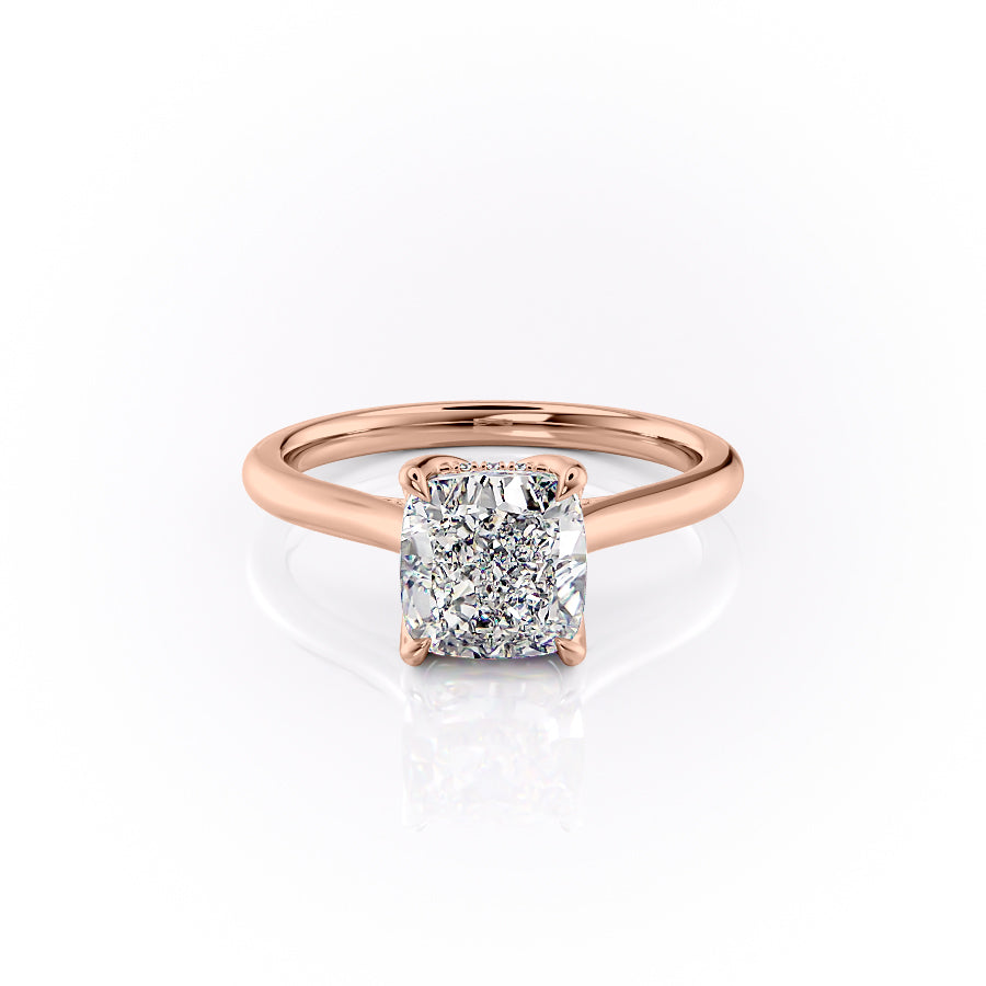 The Morgan. A Rose Gold Hidden Halo, Solitaire, Nature Engagement Ring Set With A 2ct Cushion Lab Grown Diamond. White Background.