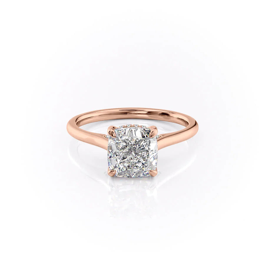 The Natalie. A Rose Gold Solitaire, Hidden Halo Engagement Ring Set With A 2ct Cushion Lab Grown Diamond. White Background.