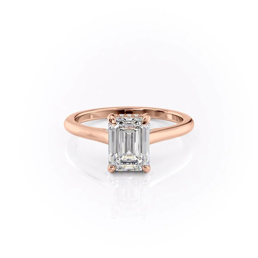 The Natalie. A Rose Gold Solitaire, Hidden Halo Engagement Ring Set With A 2ct Emerald Lab Grown Diamond. White Background.