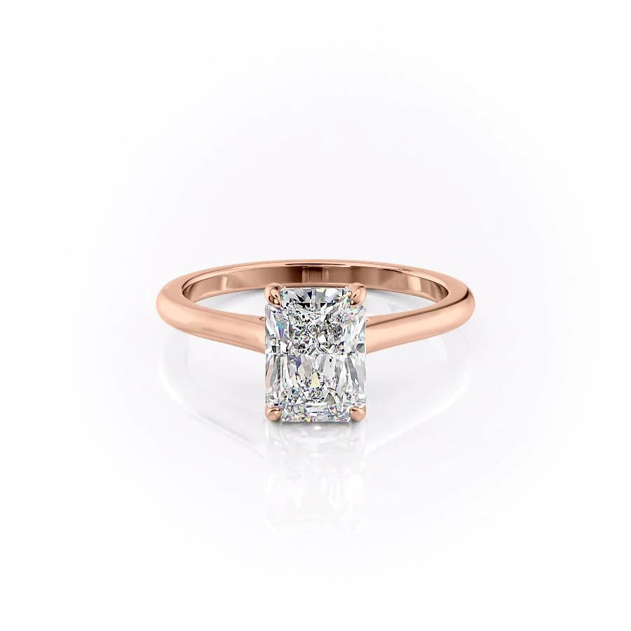 The Natalie. A Rose Gold Solitaire, Hidden Halo Engagement Ring Set With A 2ct Radiant Lab Grown Diamond. White Background.