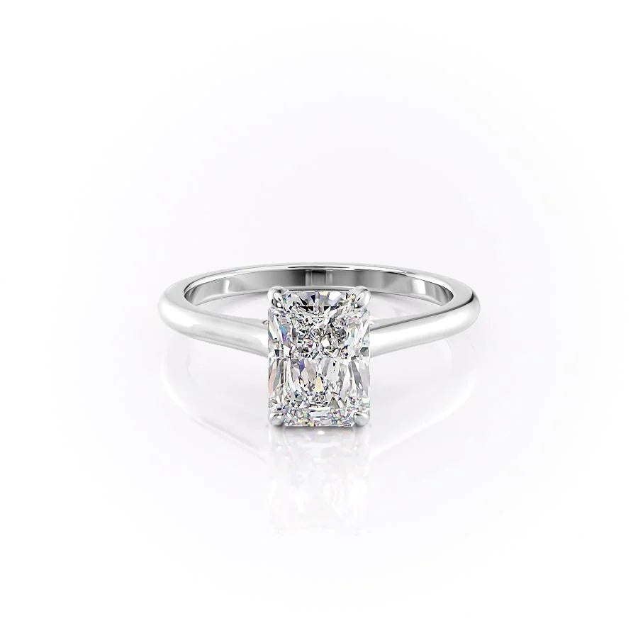 The Natalie. A White Gold Solitaire, Hidden Halo Engagement Ring Set With A 2ct Radiant Lab Grown Diamond. White Background.