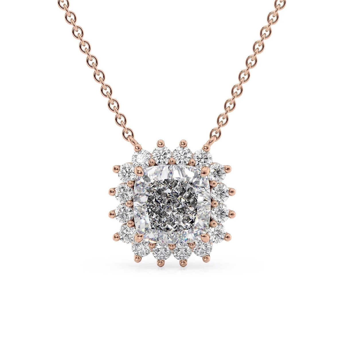 The Olivia. A Rose Gold Pendant Set With A 2ct Cushion Lab Grown Diamond. White Background.