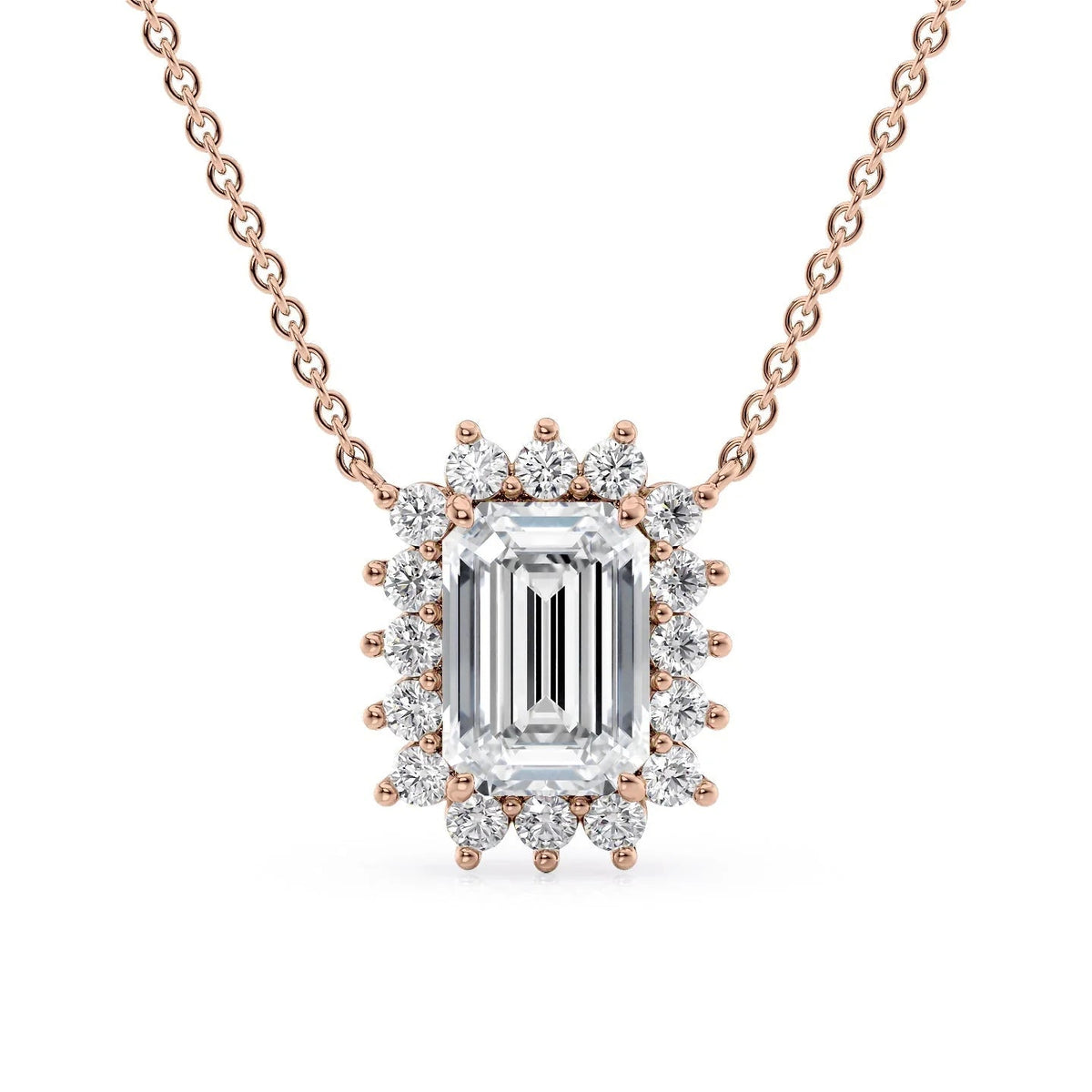 The Olivia. A Rose Gold Pendant Set With A 2ct Emerald Lab Grown Diamond. White Background.