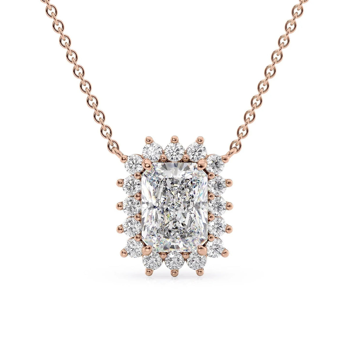 The Olivia. A Rose Gold Pendant Set With A 2ct Radiant Lab Grown Diamond. White Background.