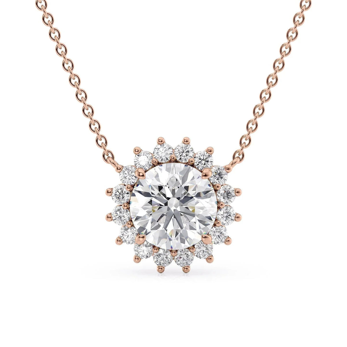 The Olivia. A Rose Gold Pendant Set With A 2ct Round Lab Grown Diamond. White Background.