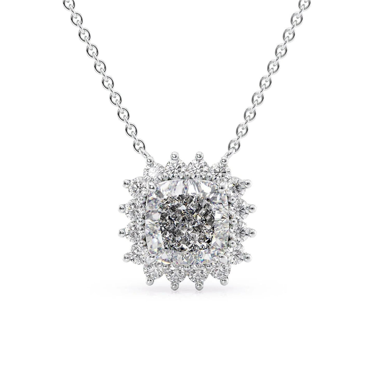 The Olivia. A White Gold Pendant Set With A 2ct Cushion Lab Grown Diamond. White Background.