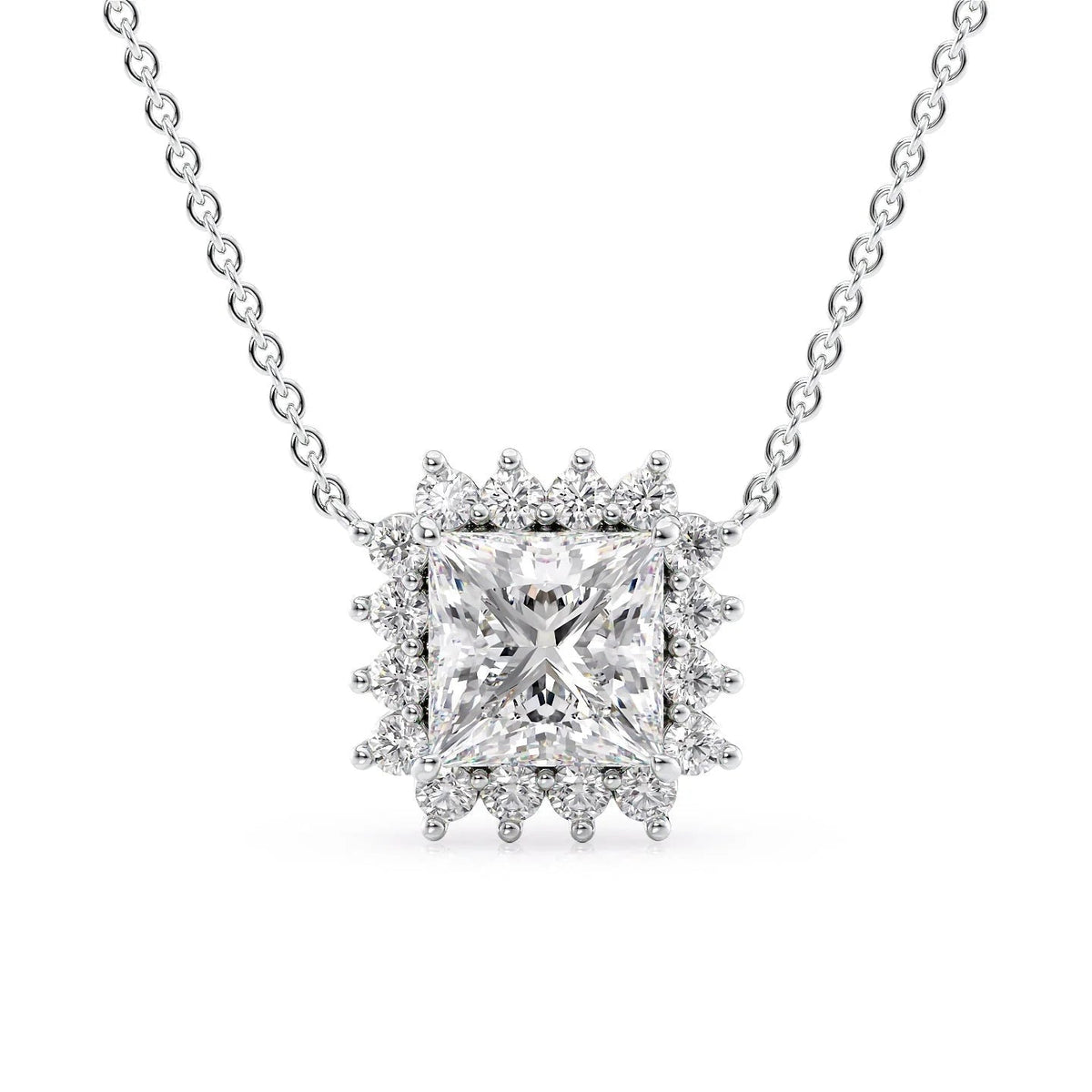The Olivia. A White Gold Pendant Set With A 2ct Princess Lab Grown Diamond. White Background.