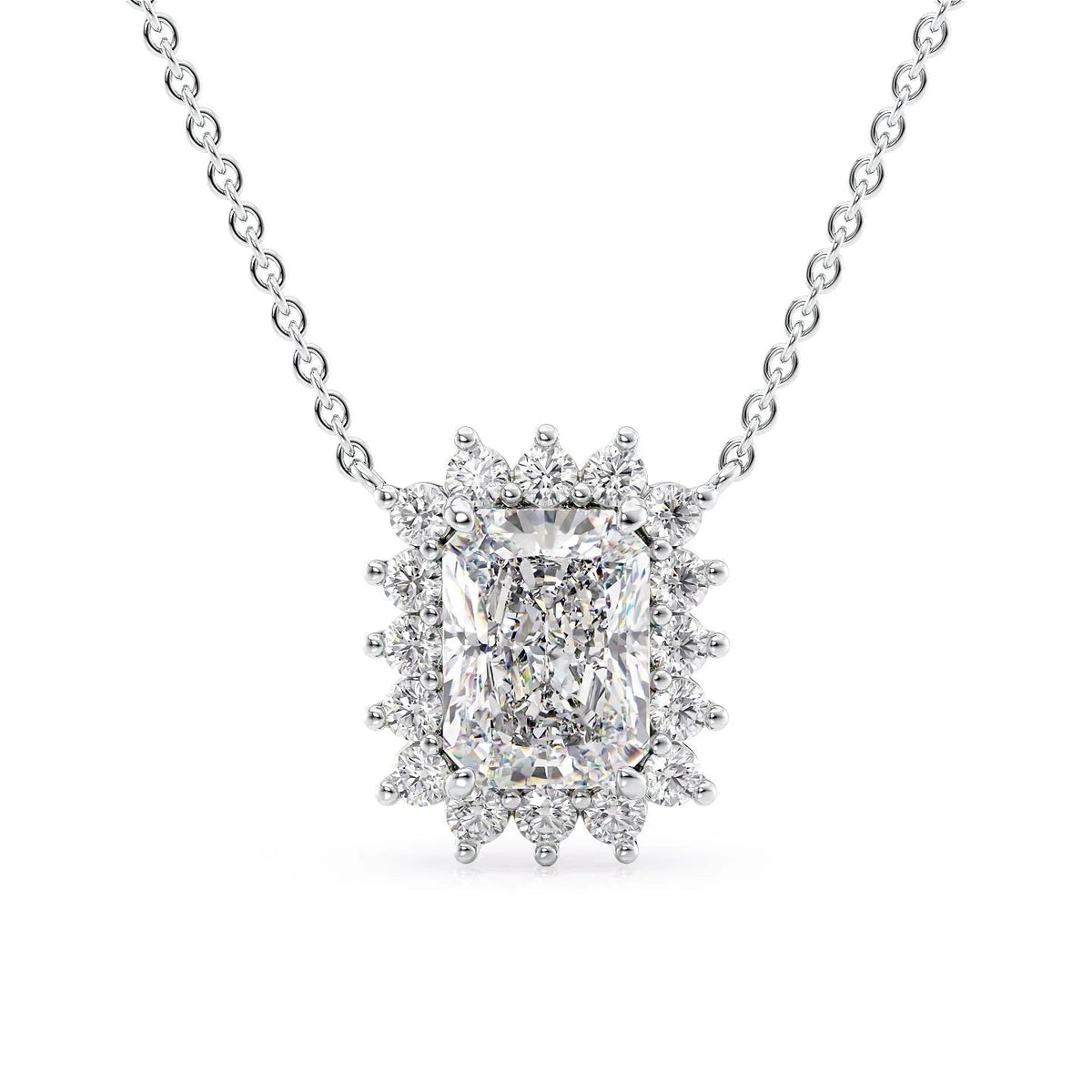 The Olivia. A White Gold Pendant Set With A 2ct Radiant Lab Grown Diamond. White Background.