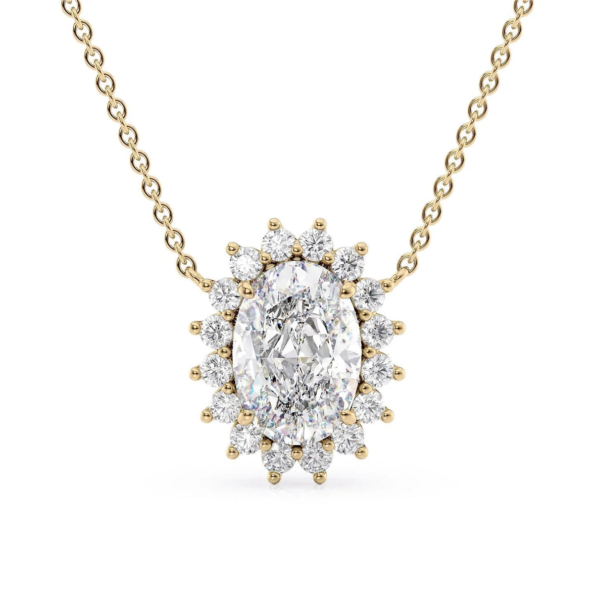 The Olivia. A Yellow Gold Pendant Set With A 2ct Oval Lab Grown Diamond. White Background.