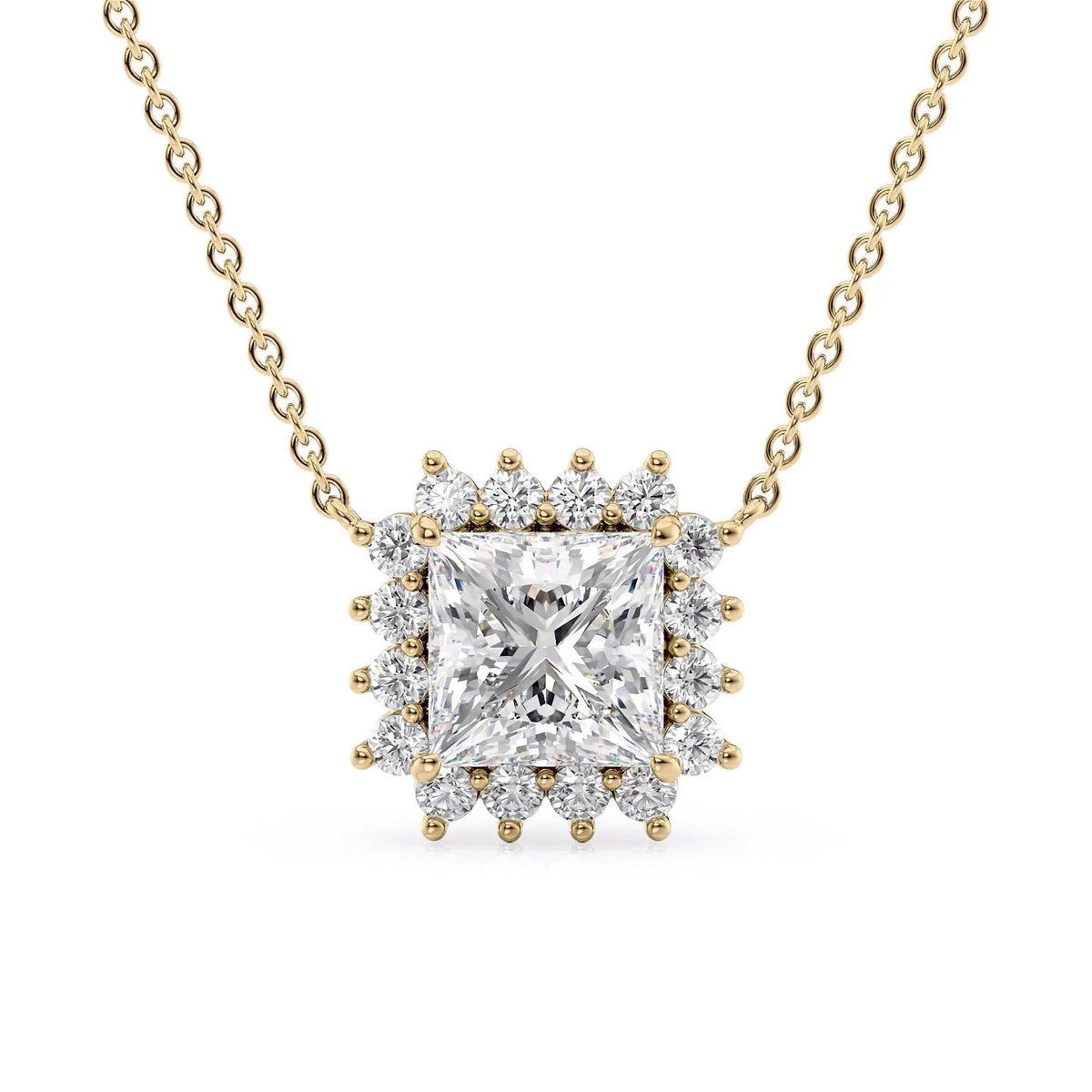 The Olivia. A Yellow Gold Pendant Set With A 2ct Princess Lab Grown Diamond. White Background.