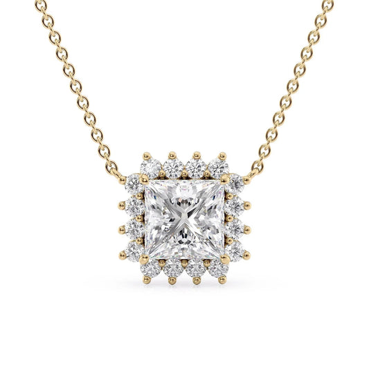 The Olivia. A Yellow Gold Pendant Set With A 2ct Princess Lab Grown Diamond. White Background.