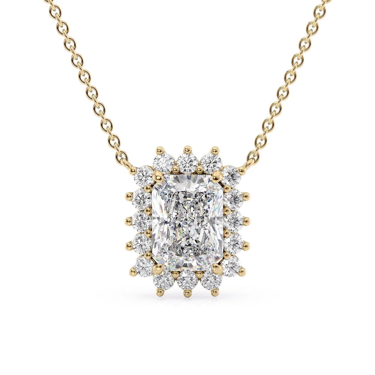 The Olivia. A Yellow Gold Pendant Set With A 2ct Radiant Lab Grown Diamond. White Background.