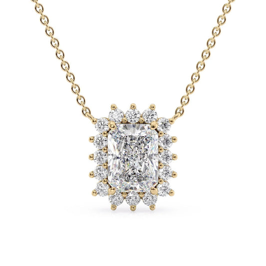 The Olivia. A Yellow Gold Pendant Set With A 2ct Radiant Lab Grown Diamond. White Background.