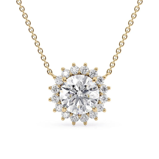 The Olivia. A Yellow Gold Pendant Set With A 2ct Round Lab Grown Diamond. White Background.
