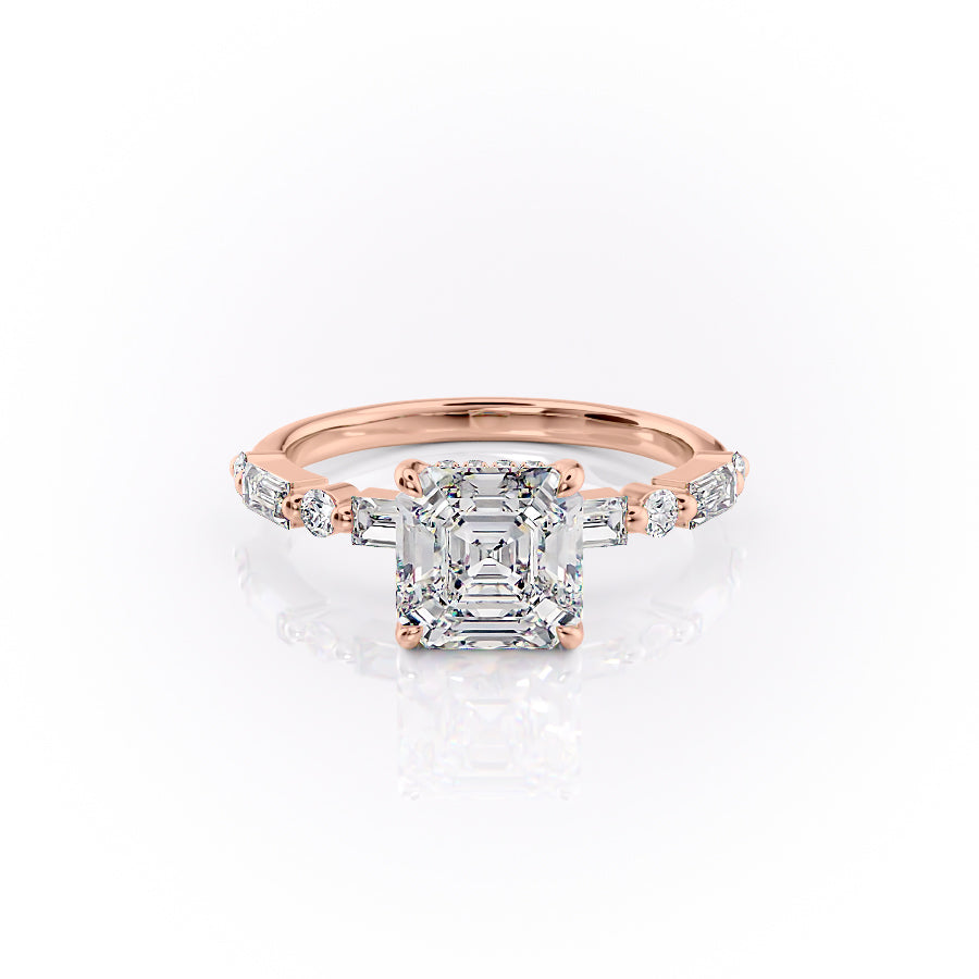 The Patricia. A Rose Gold Side Stones, Hidden Halo Engagement Ring Set With A 2ct Asscher Lab Grown Diamond. White Background.