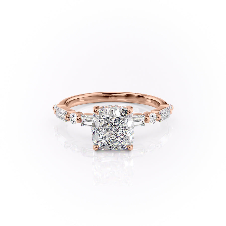 The Patricia. A Rose Gold Side Stones, Hidden Halo Engagement Ring Set With A 2ct Cushion Lab Grown Diamond. White Background.