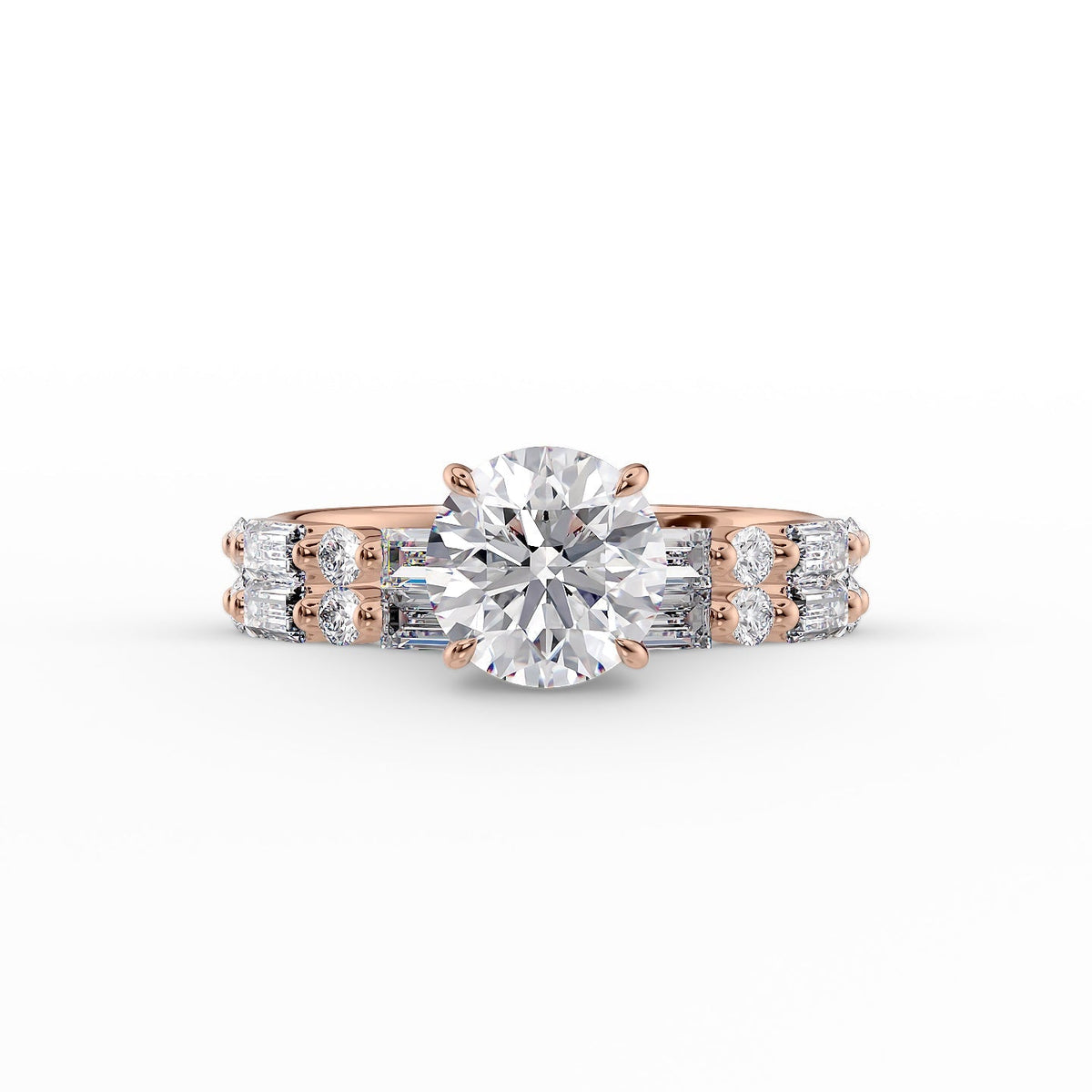 The Patricia. A Rose Gold Side Stones, Hidden Halo Engagement Ring Set With A 2ct Round Lab Grown Diamond. White Background.