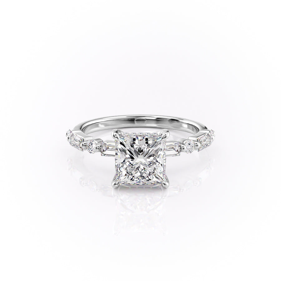 The Patricia. A White Gold Side Stones, Hidden Halo Engagement Ring Set With A 2ct Princess Lab Grown Diamond. White Background.