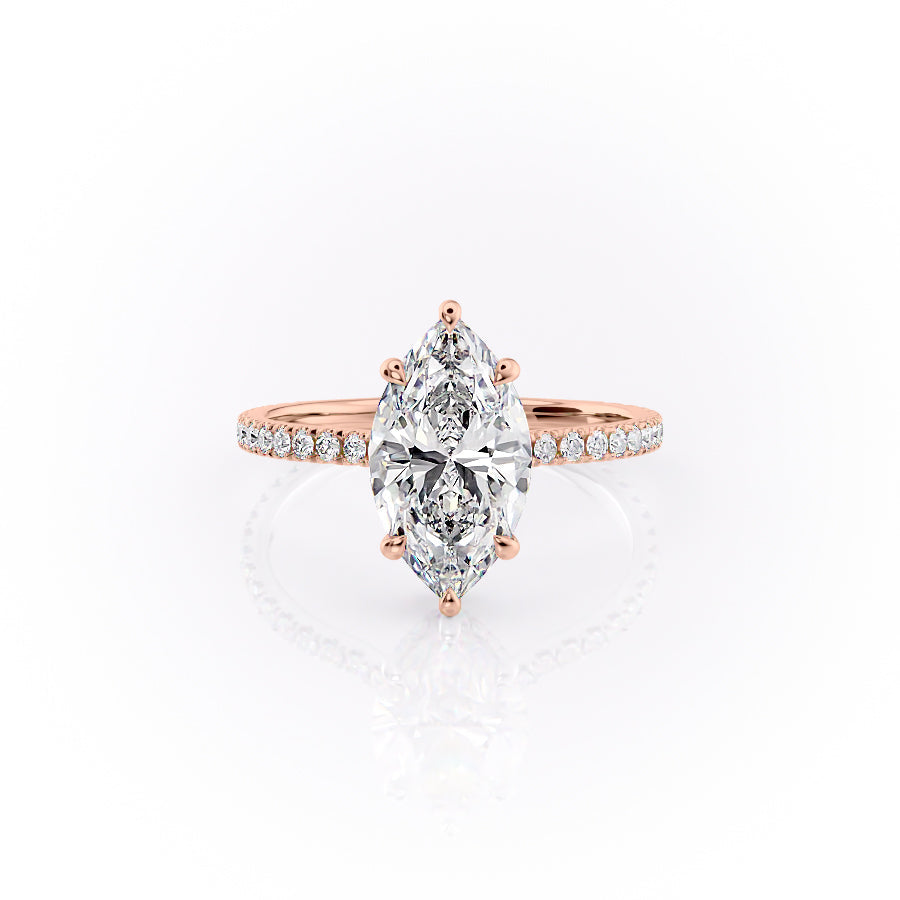 The Pave Aline. A Rose Gold Hidden Halo Engagement Ring Set With A 2ct Marquise Lab Grown Diamond. White Background.