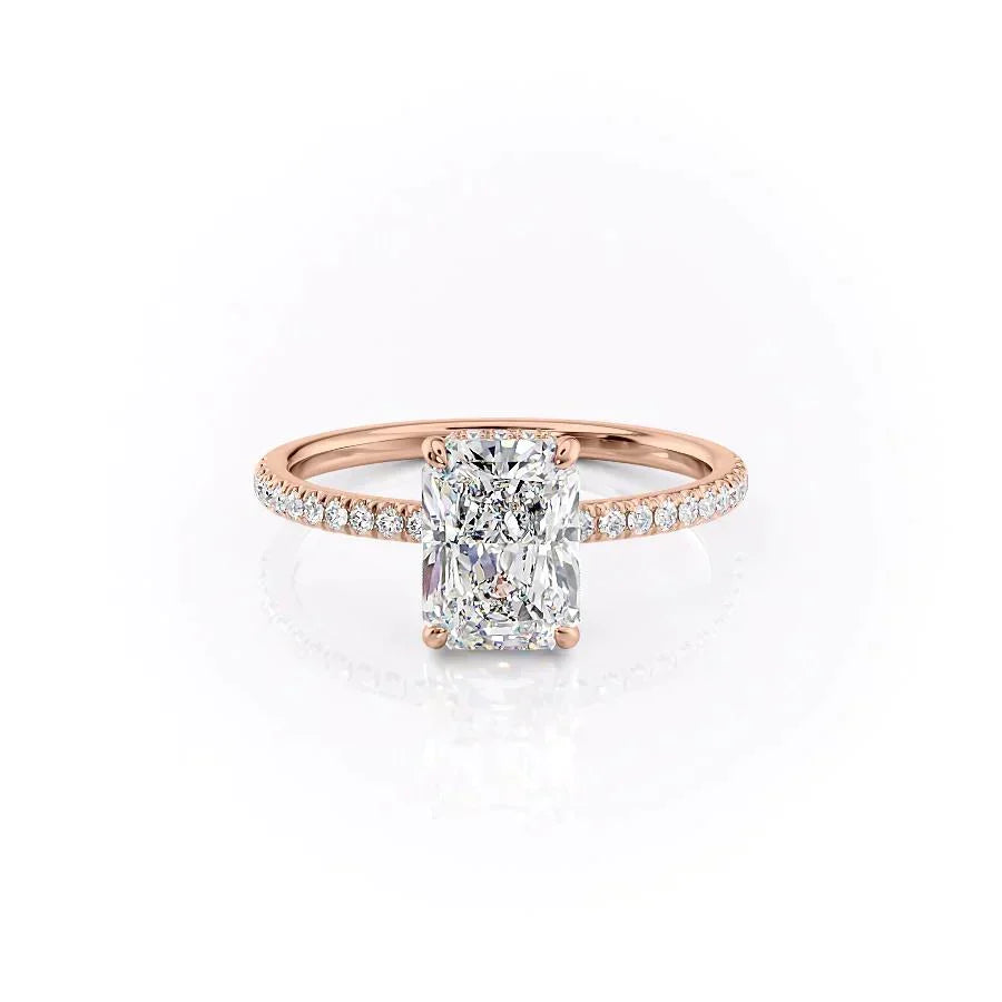 The Pave Aline. A Rose Gold Hidden Halo Engagement Ring Set With A 2ct Radiant Lab Grown Diamond. White Background.