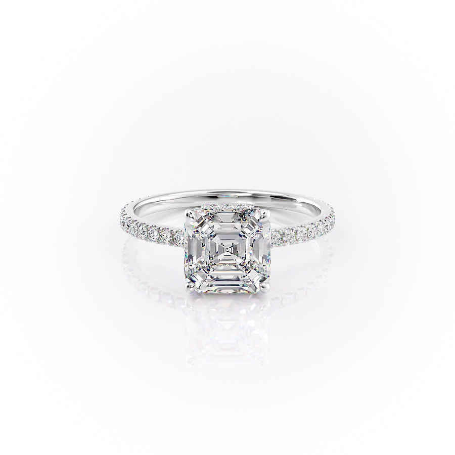 The Pave Aline. A White Gold Hidden Halo Engagement Ring Set With A 2ct Asscher Lab Grown Diamond. White Background.
