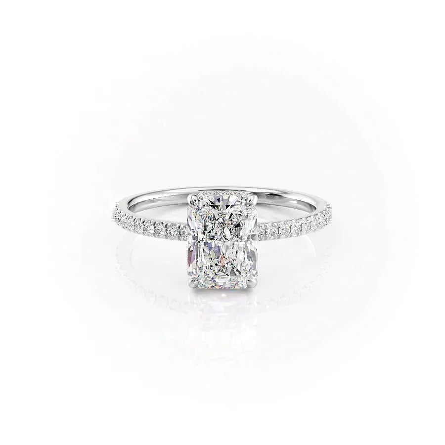 The Pave Aline. A White Gold Hidden Halo Engagement Ring Set With A 2ct Radiant Lab Grown Diamond. White Background.